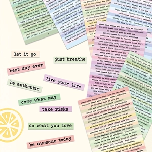 Detail of colorful Small Talk stickers with inspirational quotes for DIY journaling