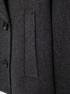 Close-up of charcoal grey wool blend short coat showing pocket detail and fabric texture