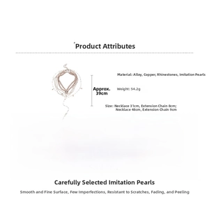 Detailed size specifications for triple-layer pearl and rhinestone pendant necklace set