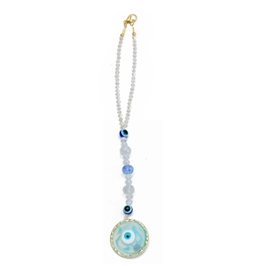 Detailed view of evil eye car charm with golden lobster clasp and blue crystal beads