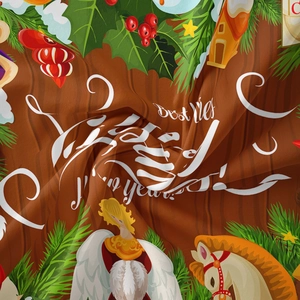 Detail of Christmas tapestry fabric with retro angels and festive holiday patterns