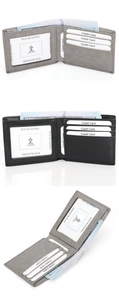 Detail of slim men's leather wallet interior showing RFID card slots and cash pocket