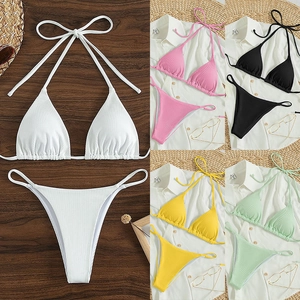 Women Ribbed Halter Neck Bikini Top And Tie Side Bottom Solid Color Sexy Beach Swimwear Summer Vacation Pool