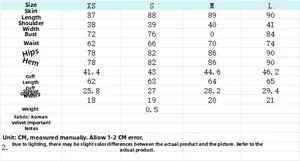 Detailed size guide table for velvet mini dress showing measurements from XS to L