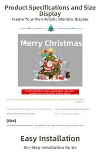 Detail of UV printed PVC static Christmas window stickers showing sizes and materials