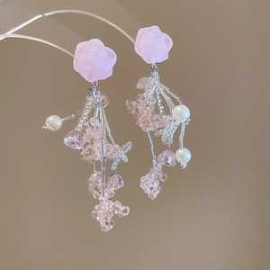 Pink rose stud earrings with dangling beads and white faux pearls in vintage style