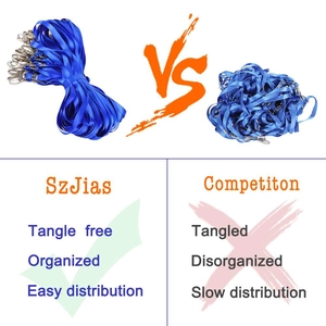 Detail showing organized blue lanyards with silver metal clips versus tangled competition