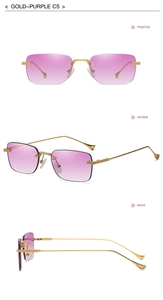 Three views of frameless gold-purple gradient square sunglasses with metallic temples
