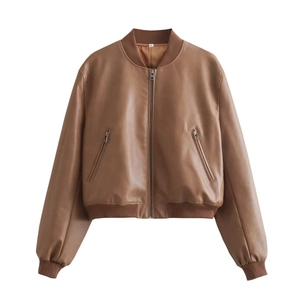 Vintage brown faux leather bomber jacket with zip pockets and ribbed trim on white background