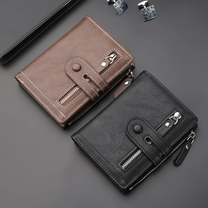 Men's slim bi-fold leather wallet in black and brown with secure zipper pocket