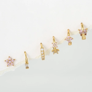Pink flower and butterfly zircon gold stud earring set for women with 6 pieces