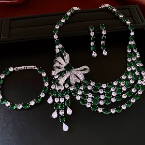 Bowknot Jewelry Copper Zircon Emerald Green Palace Asymmetric Tassel Necklace Bracelet Earrings Silver Earring Post