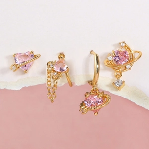 Brass Rhinestone Pink Heart Saturn Planet Earrings With 925 Sterling Silver Earring Post Romantic Jewelry For Women