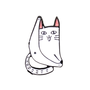 Cute white cat enamel pin with pink ears in creative split pose and black metal outlines