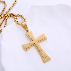 18k gold plated stainless steel triple-layered cross pendant with box chain necklace
