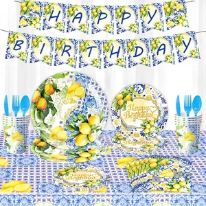 Vintage lemon and blue Mediterranean tile party tableware set with Happy Birthday banner