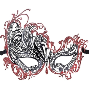 Detail view of lace masquerade mask with red glitter finish and rhinestone accents