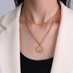 Double-layered 18k gold plated stainless steel necklace with round coin sailing boat pendant