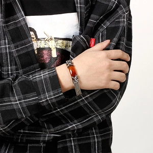 Men's retro braided titanium steel bracelet with a brownish-red gemstone and dragon keel chain