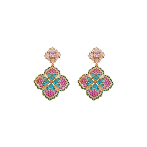 Retro court style floral drop earrings with multicolored zircons in gold setting