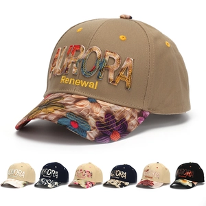 Baseball Cap Cotton Twill Floral Print Brim AURORA Letter Embroidery Curved Visor Outdoor Sun Protection Casual Retro Men Women