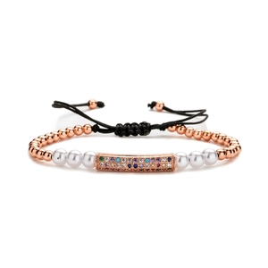 Rose gold adjustable beaded bracelet with colorful zircon charms and white pearls