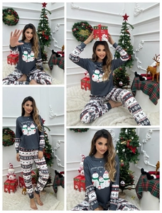 Women's grey Christmas loungewear set with snowman print and Fair Isle pattern pants
