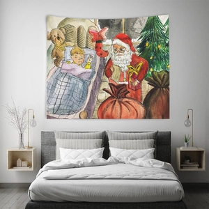 Détail de la tapisserie murale de Noël avec un motif d'aquarelle du Père Noël et sapin