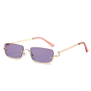 Fashionable semi-rimless square sunglasses with purple lenses and golden metal frames