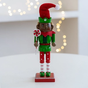 Wooden 27cm Christmas elf nutcracker soldier holding a candy cane for festive decor
