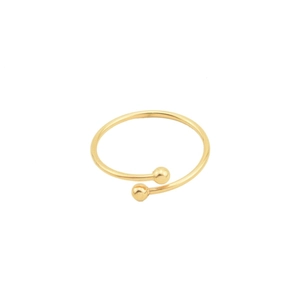 Detailed view of an adjustable gold open ring featuring polished double metal beads