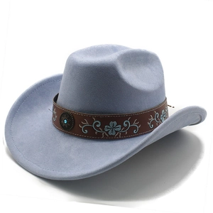 Detail of light blue faux suede cowboy hat with floral embroidery and turquoise gem