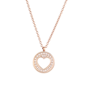 Rose gold heart pendant necklace with shimmering crystals and a circular hollow design