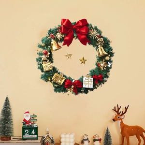 Christmas Wreath Wall Decal PVC Sticker Red Bow Golden Bells Stars Pine Needle Festive Home Window Glass Decoration
