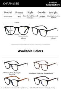 Size chart showing TR90 anti-blue light glasses dimensions and four color options