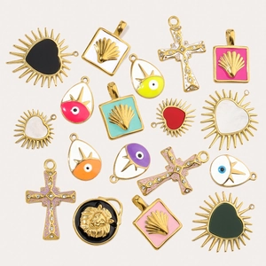 Colorful enamel stainless steel pendants in heart, cross, and evil eye designs