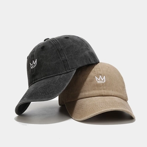 Vintage washed cotton baseball caps with crown embroidery in dark grey and khaki