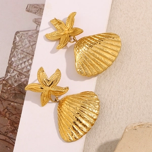 Detailed view of gold stainless steel earrings featuring starfish and seashell relief design