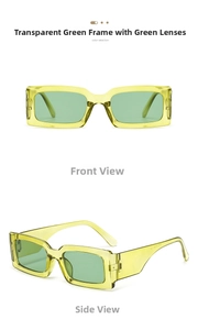 Front and side view of transparent green rectangular chunky sunglasses in Y2K style