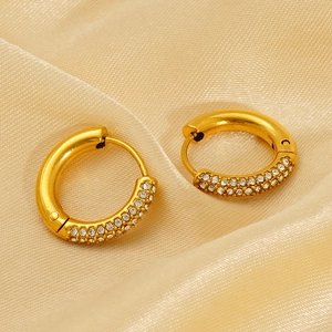 Elegant 18K gold plated titanium steel hoop earrings with triple row zircon inlay