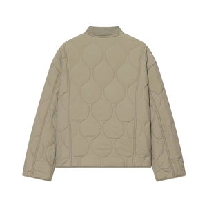 Women's leopard print quilted long jacket in khaki with ribbed collar back view