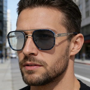 Close-up of polarized aviator sunglasses with silver double bridge and gray photochromic lenses