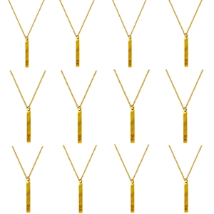 Detailed grid view of twelve gold zodiac necklaces with vertical bar pendants and heart icons