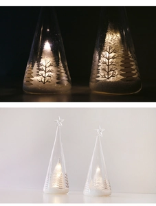 Close-up of glass cone Christmas trees with warm LED lights in dark and bright settings