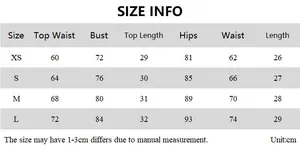 Detailed size chart for sexy cutout mesh top and mini skirt set with measurement info