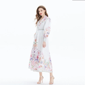 Floral V-neck linen maxi dress with lantern sleeves for elegant seaside vacation style