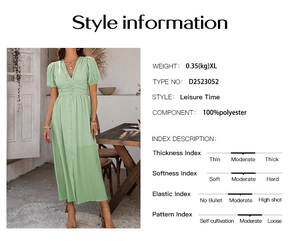 Detaillierte Tabelle für V-Ausschnitt Kleid mit 100% Polyester Gewebe und Gewichtsangaben