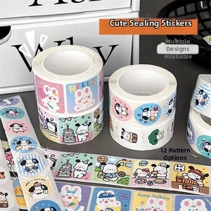 Macro view of cartoon bear and character themed sealing sticker rolls for DIY crafts