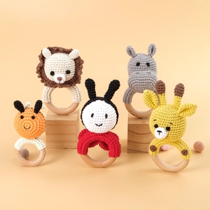 Handmade Crochet Cotton Animal Baby Rattle Teether Toy With Natural Wood Ring For Infant Sensory Soothing Development