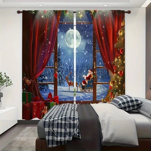 Detailed Christmas window curtains featuring Santa, reindeer, and snowy scene in bedroom